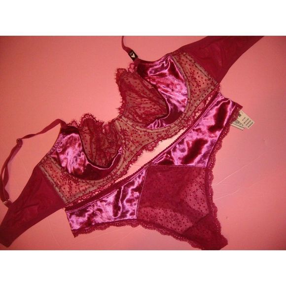 Victoria's Secret unlined 36C,36D BRA SET XL thong MAGENTA fuchsia pink velvet - Picture 2 of 3